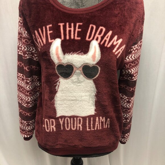 Save The Drama For Your Llama Plush Top Womens Size Medium Maroon Comfy Pullover - Picture 3 of 8